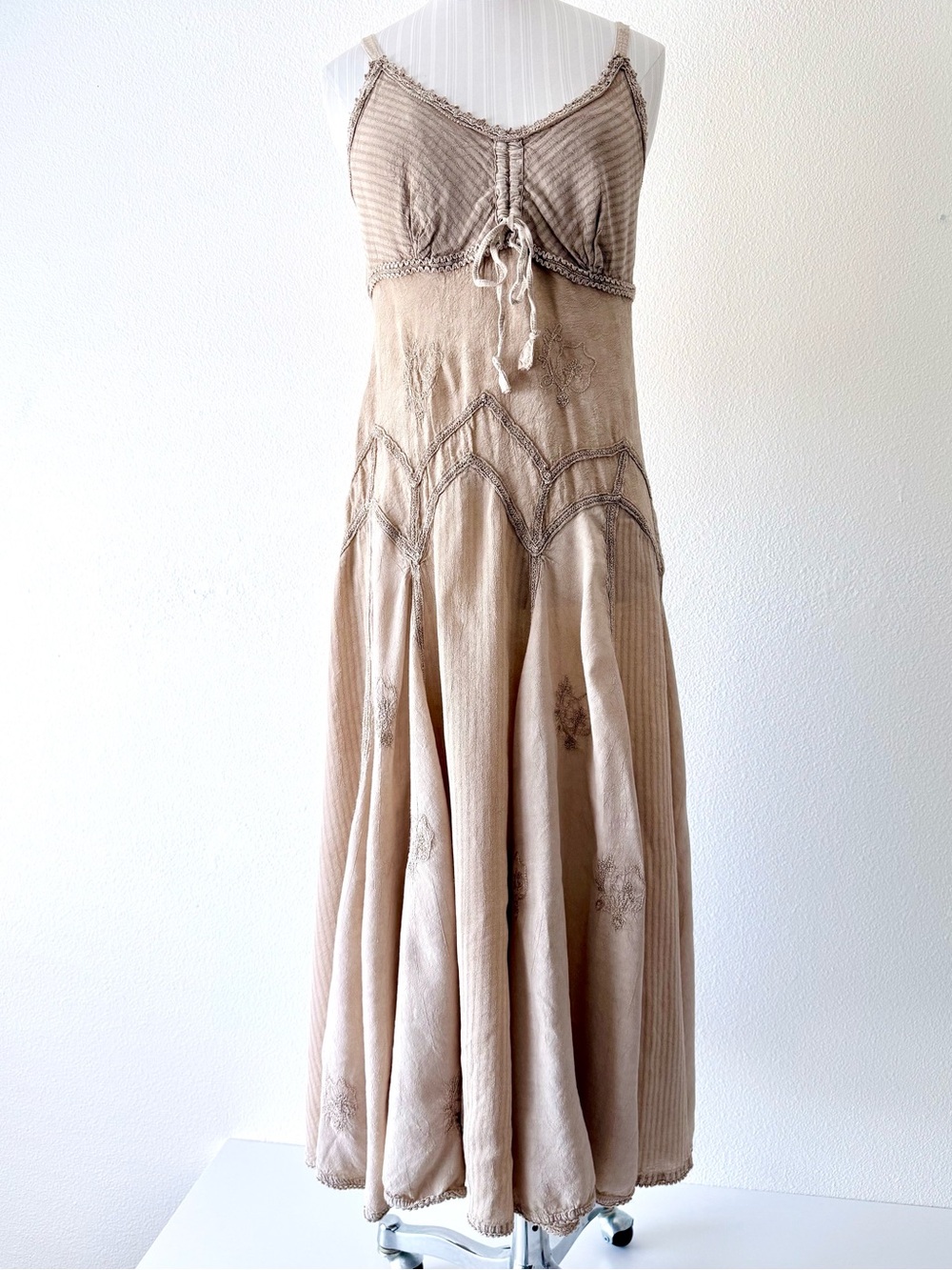 Flower Western Boho Embroidered Rayon Maxi Dress Tan Lace Trim Cami Sunset Midi